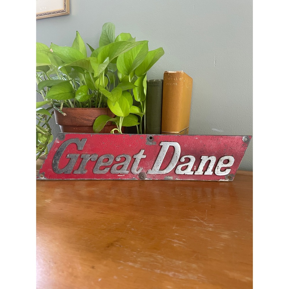 Vintage Great Dane Trailers Cast Metal Emblem Sign Red Silver Trucking Decor